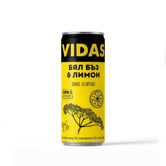 Фино газирана напитка VIDAS Бял бъз с лимон, без захар, 250ml. 